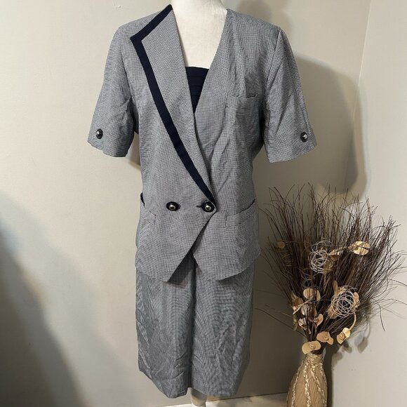 Vtg Le Suit Women 2pc Skirt Suit Short Sleeve Blue Houndstooth Lined 2 Button 14 - Picture 1 of 10
